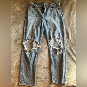 American Eagle Strigid Ripped Mom Jeans, size 10, color is blown out blue